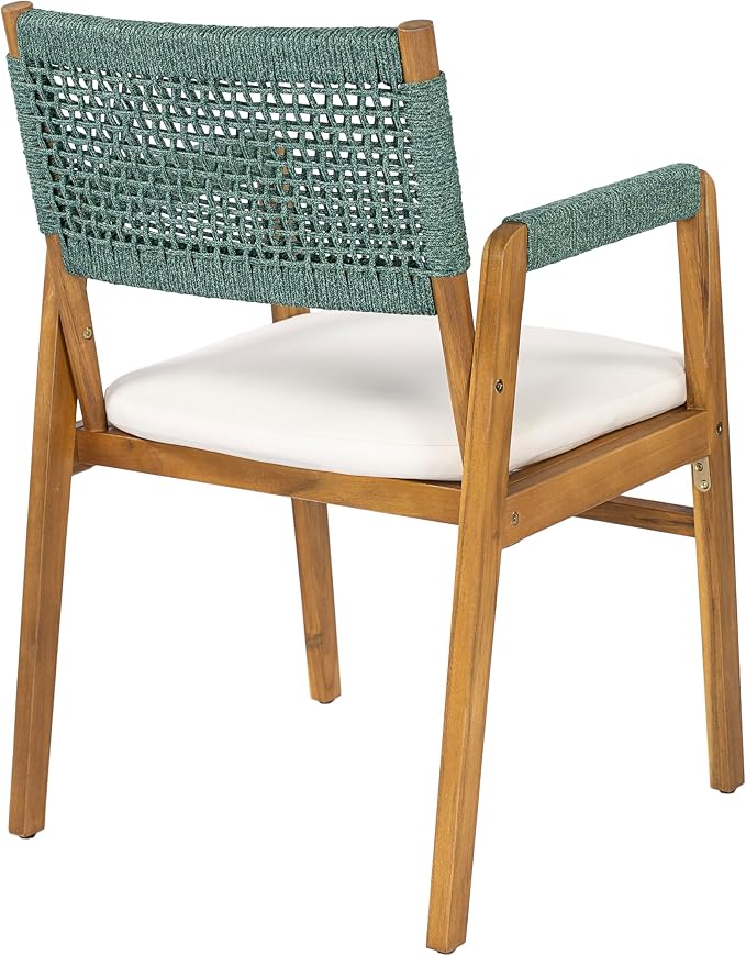 Christopher Knight Home 6-Piece Outdoor Dining Set, Acacia Wood Patio Table with Grey Wicker Bench and 4 Green Wicker Armchairs, Teak Finish, Beige Cushions, Backyard Garden Deck Furniture