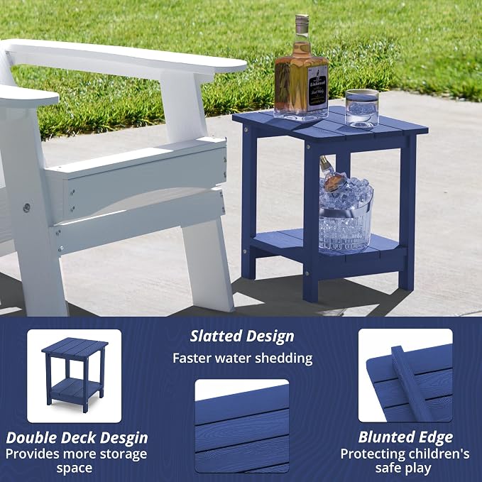 LUE BONA Adirondack Outdoor Side Table, 2-Tier Navy HDPS Patio End Table Weather Resistant, Morden Side Table for Patio, Pool, Porch