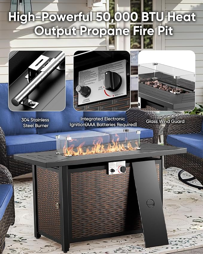 7 Pieces Outdoor Furniture with Fire Pit Deep Seating Wicker Patio Couch with Patio Swivel Chairs Outdoor Furniture Set for Deck Porch Garden Balcony Poolside-Brown/Blue