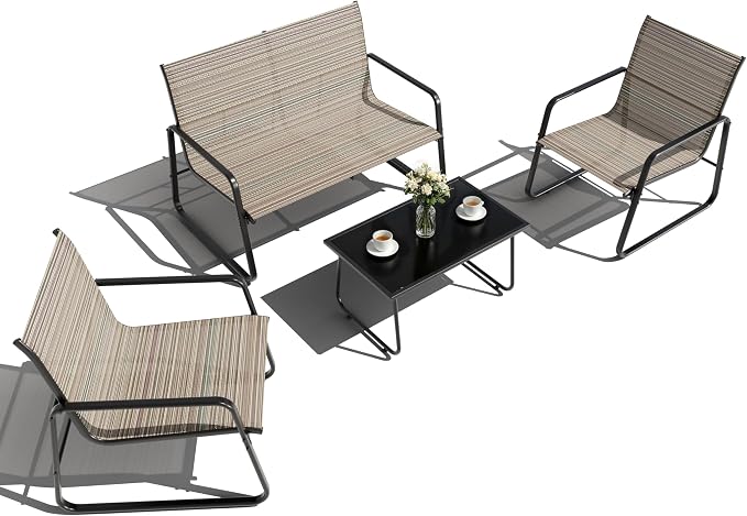 Gotland 4-Piece Outdoor Patio Furniture Set, Textilene Fabric Metal Patio Conversation Set with Loveseat 2 Chairs Tempered Glass Coffee Table, Patio Set for Backyard, Lawn, Porch, Pool, Garden, Brown