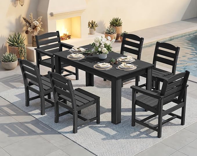 SERWALL 59" HDPE Outdoor Dining Set for 6, w/ 1 Table & 6 Chairs, Black | Armless Patio Dining Sets for All Weather Use