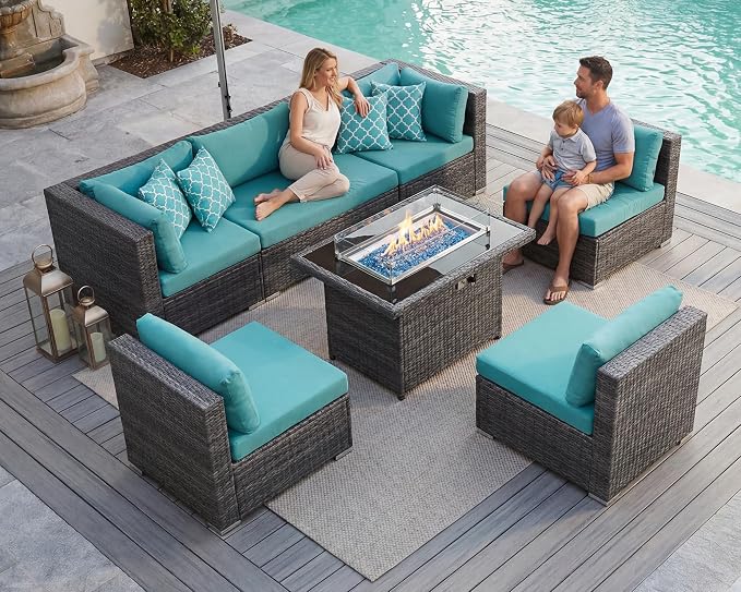 BULEXYARD 7 Piece High Back Outdoor Furniture Set with Fire Pit, Durable All Weather Wicker Patio Couch Sofa Set, Oversized Modular 6-Seater Sectional Backyard Seating Wide Deep for Lawn, Grey & Teal