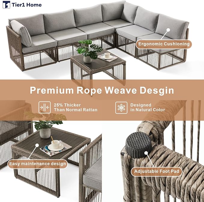 7 Piece Outdoor Patio Furniture Set, Wicker Sectional Sofa,Thick Cushions, All Weather Rattan Conversation Sets with Arm Chairs and Coffee Table for Backyard, Porch, Balcony, Deck, Garden