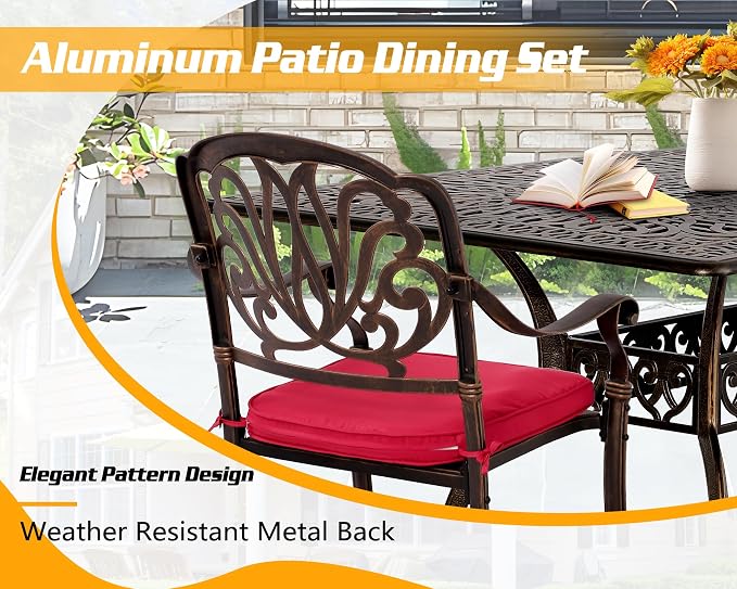 TITIMO 9-Piece Cast Aluminum Patio Furniture Set, Outdoor Patio Dining Set Bistro Conversation Set, All-Weather Rectangular Table w/Umbrella Hole (Red-Fixed Elizabeth Chair, 9 Pcs)