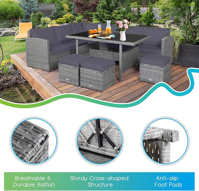 RELAX4LIFE 7 PCS Wicker Patio Furniture Set, Outdoor Rattan Sofa Set with Dining Table & Ottomans Soft Cushions for Backyard Garden Poolside Balcony, Sectional Conversation Couch Set (Gray)