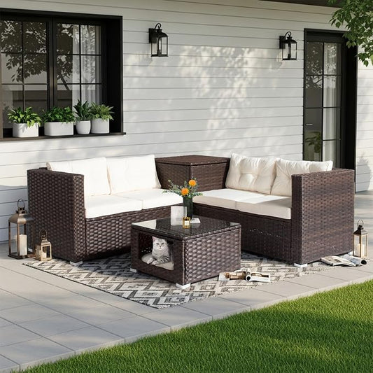 VINGLI 4 Pieces Outdoor Sectional Wicker Patio Furniture with Storage, Patio Sectional Sofa Outdoor Couch Conversation Set, Glass Top Coffee Table for Backyard, Pool, Garden(Brown)