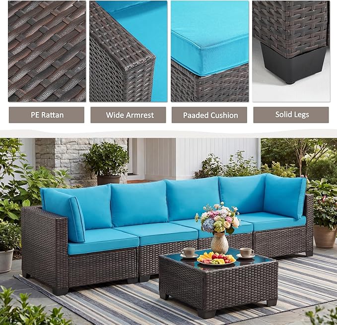 ANJ Outdoor Wicker Patio Chairs Set of 2, Modular Armless Patio Seating with Thick Cushions, All-Weather Rattan Conversation Chair Set for Porch, Balcony, Garden, Backyard, Dark Brown Wicker-Turquoise