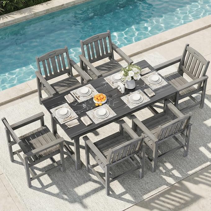7-Piece HIPS Patio Dining Set, 66.9" W Marble Texture Outdoor Table with Umbrella Hole & 440LBS Capacity & Galvanized Steel Frame, 6 Chairs | 19.7" W, Dining Table Furniture Set for 6, Grey