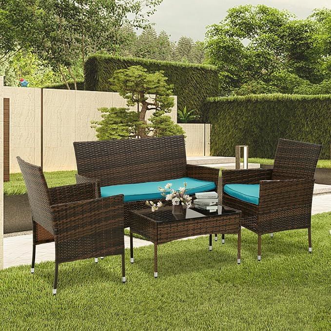 PayLessHere Outdoor Furniture Set 4 Pcs Modular Patio Furniture Set Water Resistant Conversation Set with 3 Rattan Chairs 1 Tempered Glass Topped Table for Patio Poolside, Brown Wicker/Blue Cushions