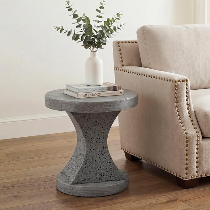 HOMPUS Outdoor Side Table, Concrete Dinning Table Hourglass Shpaed, Round Multi-Functional End Table, Cement Coffee Table for Patio, Garden, Backyard, Grey