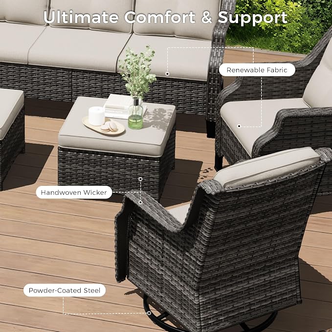 Outdoor Patio Furniture Set, 4 Piece Wicker Patio Furniture with Thick Cushions, Curved Armrest, Deep Seating, Outdoor Swivel Rocker Chairs for Porch, Deck, Balcony