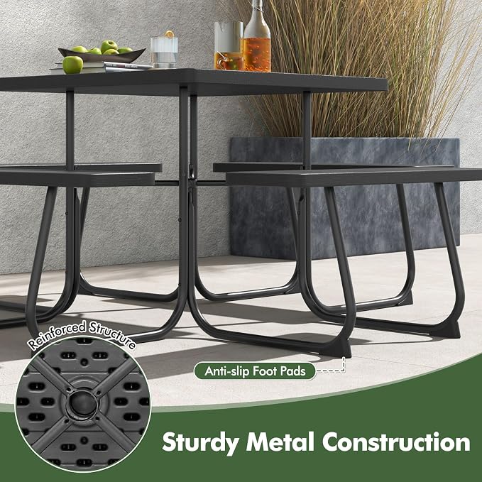 Square Picnic Table for 8 Person, Outside Table Bench Set w/ 4 Built-in Benches, Umbrella Hole, HDPE Top & Metal Frame, 2000LBS Capacity Outdoor Picnic Table for Garden, Porch, Patio (Black)
