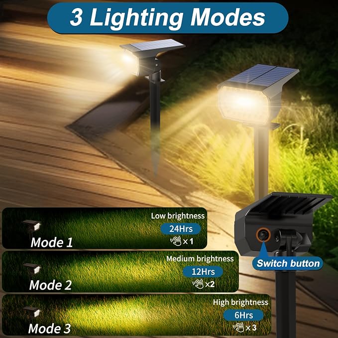 WENATY Solar Spot Light Outdoor Landscape Spotlights 6 Pack Warm White | IP65 Waterproof, 46 LEDs, 3 Modes Auto On/Off Solar Powered Flood Lights for Outside Pathway, Yard, Garden, Garage, Walkwa