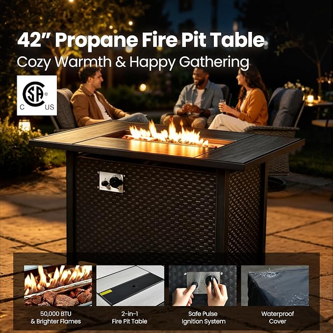 7 Piece Patio Furniture Set with Firepit Swivel Chair, Dark Gray | High Back Swivel Rocker Chairs, Deep Seat Sofa Ottoman, Fire Pit Table, Outdoor Conversation Sets for Porch Deck Backyard