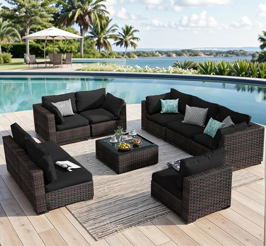 9 Piece Patio Furniture Set All Weather PE Rattan Outdoor Sectional Sofa Couch with No-Slip Cushions and Glass Top Table for Garden, Poolside, Backyard (Black)