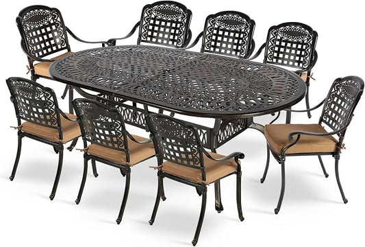 MEETWARM 9-Piece Patio Dining Set, All Weather Cast Aluminum Outdoor Dining Table Set with 1 Oval Table, 8 Chairs, 8 Cushions, 2" Umbrella Hole, Dark Bronze