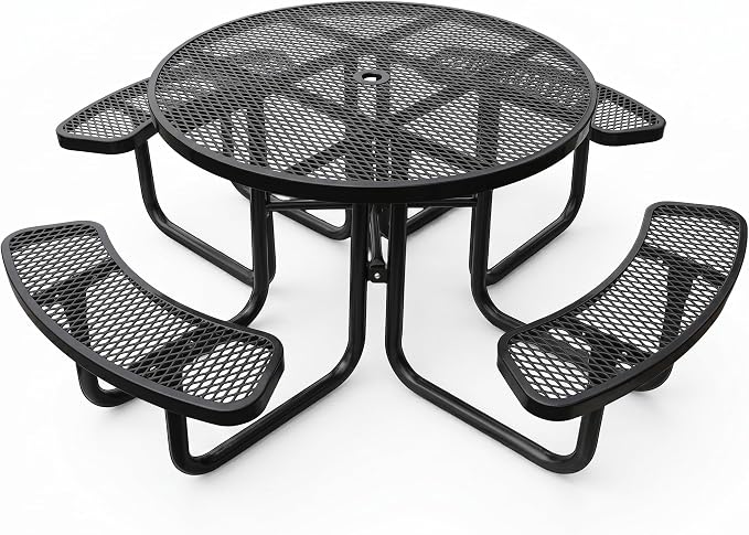 46In Round Metal Picnic Table, Commercial-Grade Heavy Duty Outdoor Furniture, Rust-Resistant Outside Table for Patio, Garden, Playground and Parks (Black)