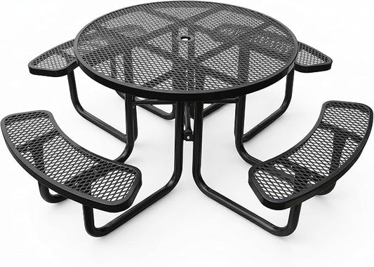 46In Round Metal Picnic Table, Commercial-Grade Heavy Duty Outdoor Furniture, Rust-Resistant Outside Table for Patio, Garden, Playground and Parks (Black)