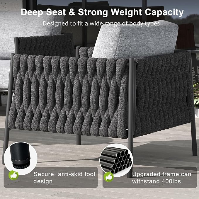 LayinSun 7 Piece Outdoor Furniture Set with Fire Pit Table, Modern Rope Woven Patio Conversation Sofa Set with Olefin Braid and Deep Seating