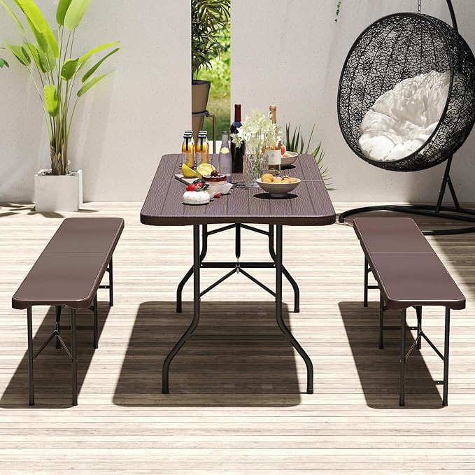 Goplus 6 FT 3-Piece Portable Picnic Table Bench Set, HDPE Wood-Like Plastic Folding Picnic Tables with Benches, Foldable Patio Camping Beer Table, Indoor & Outdoor Folding Table and Chairs