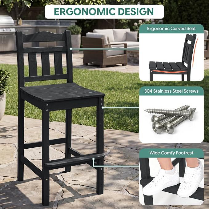 Outdoor Bar Stools Set of 4, HDPE Adirondack Bar Chairs with Backs, All-Weather High Top Patio Chairs, Heavy Duty Armless Bar Height Chair for Balcony, Garden, Deck (Black, 4pcs Set)