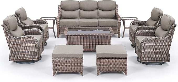 Luxury 10 Pieces Patio Furniture Set, Wicker Swivel Rocker Patio Chairs with 6" Thick Cushion, Outdoor Wicker Sofa with Coffee Table, All Weather Outdoor Conversation for Garden Porch(Brown/Grey)