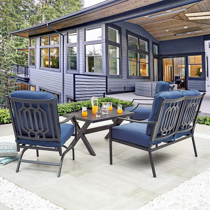 4 Pices Patio Furniture Conversation Set,Metal Outdoor Furniture Set w/All Weather Cushioned Loveseat,Poolside Lawn Chairs,Coffee Table