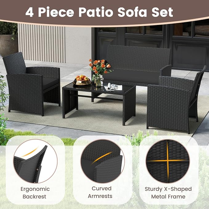 HAPPYGRILL 4 Piece Rattan Wicker Patio Conversation Set, Outdoor Furniture with Chair Loveseat Table & Cushion, for Backyard Porch Balcony (1, Black & Black)