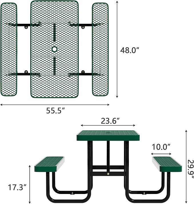 Picnic Tables for Outdoors,Commercial Metal Picnic Table Bench Set with Umbrella Hole,School Canteen Tables W/Seats - Heavy Duty Sturdy Picnic Tables Furniture for Patio Garden (Green, 4FT)