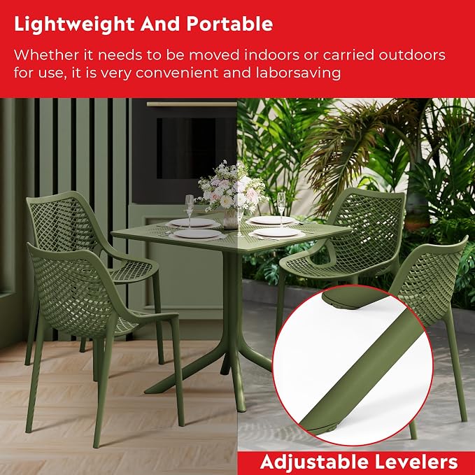 Costaelm Patio Dining Table for 4, Square PP Patio Table, 4-Person Weather Resistant Porch Tables for Outside Poolside Deck Lawn Garden Backyard, Olive Green