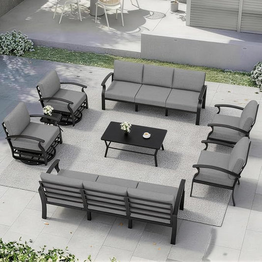 Kurapika Aluminum Patio Furniture Set 10-Seat Modern Metal Outdoor Conversation Sets w/Swivel Rocking Chairs Patio Sectional Sofa w/5.1 Inch Cushion with Rectangular Coffee Table, Grey