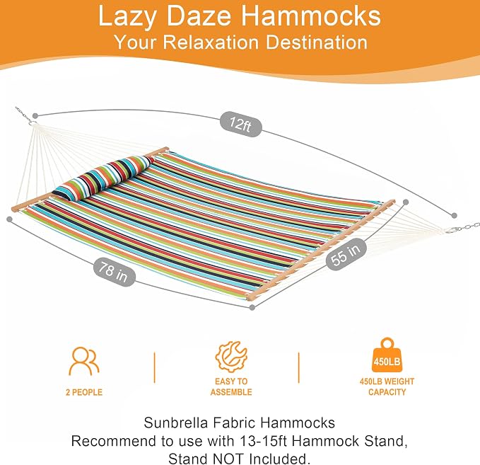 Lazy Daze Hammocks 12 FT Sunbrella Fabric Hammock Non-Fading with Spreader Bars and Free Pillow Fits for 2 Persons, All Weather and Fade Resistant for Patio Yard, 450 lbs Capacity, Carousel Confetti