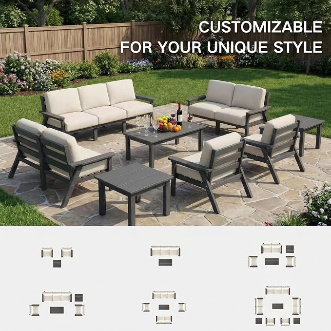 Kingdura HDPE Patio Furniture Set, 9 Piece Outdoor Sectional Sofa with Coffee Table & Side Table, All Weather Outdoor Couch Conversation Set with Washable Cushions for Backyard Poolside Balcony