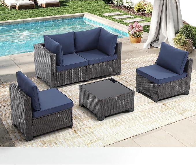 CANMOV 5 Pieces Patio Furniture Sets, All Weather Outdoor Patio Conversation Set, Wicker Rattan Sectional Sofa Couch Glass Coffee Table and Washable Cushions for Backyard Garden, Porch, Navy Blue