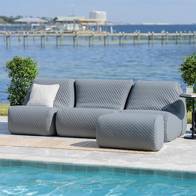 Big Joe Solvana Outdoor Sectional, 4 Piece Patio Furniture Set, Weather-Resistant Cool Touch Silicone Stitched Leather Sofa, Moonlit Gray