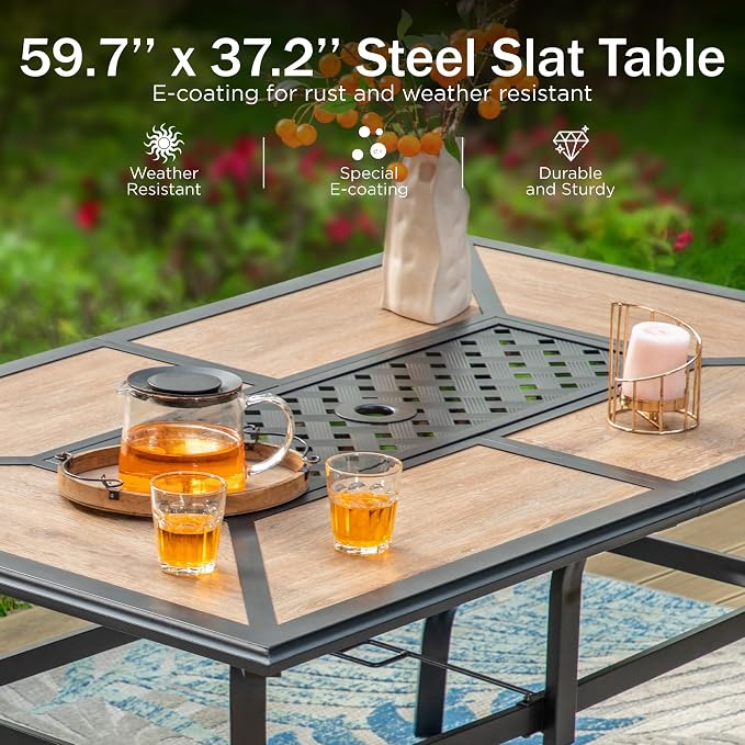 PHI VILLA Patio Dining Set, for 6, Swivel Chairs | E-Coated and Steel, Rectangle Table, Beige Cushion, 1.57" Umbrella Hole
