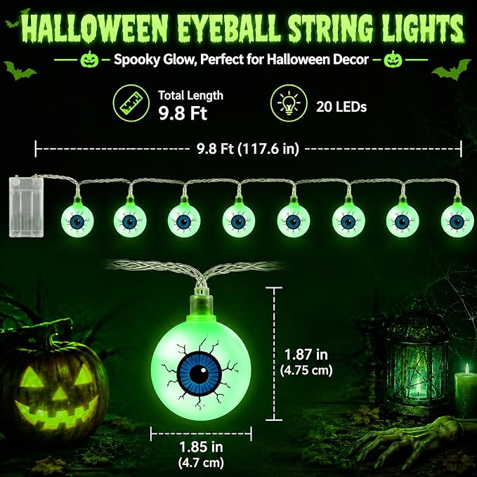Crazy Night Halloween String Lights 10Ft 20 LEDs Battery Operated Green Eyeball Lights with Steady Flashing Modes Halloween Party Decor