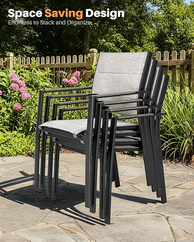2-Piece Patio Stackable Dining Chairs, Never-Rust Aluminum Outdoor Stackable Patio Chairs, Outdoor Dining Chair Set of 2 with Double-Layer Thickened Textilene for Deck, Garden, Pool, Limed Oak