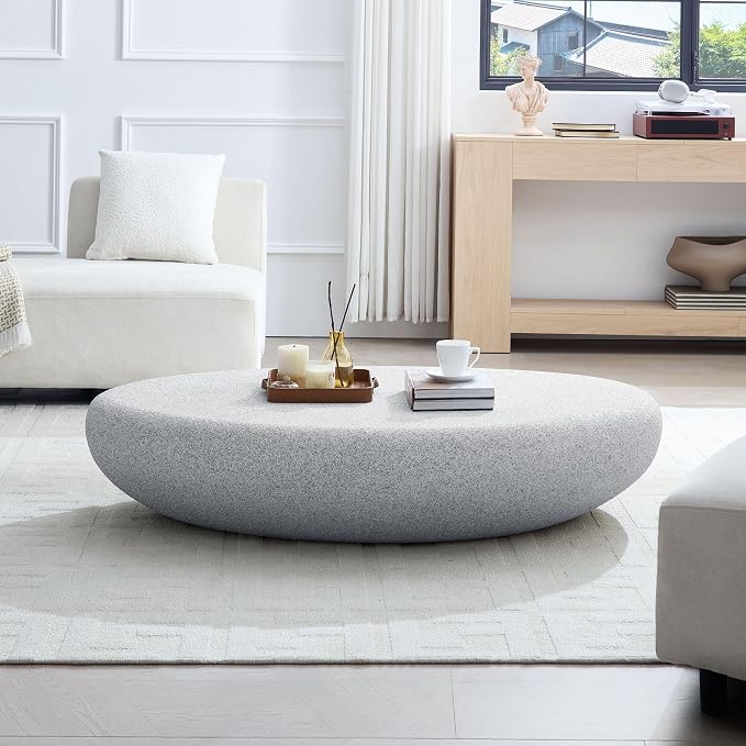 55.12" Faux Stone Coffee Table Modern Unique Coffee Table Oval Rock Center Tables Round Edge Design Fiberglass Concrete Accent Tables for Living Room Office Apartment No Assembly, Cement