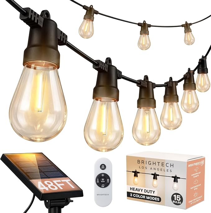Brightech 48 (42+6) FT Ambience Pro Outdoor Solar String Lights - Bright Remote Control Color Adjustable Solar Light - Commercial Grade, 15 Waterproof LED Bulbs for Patios, Camping, Yard, Outside