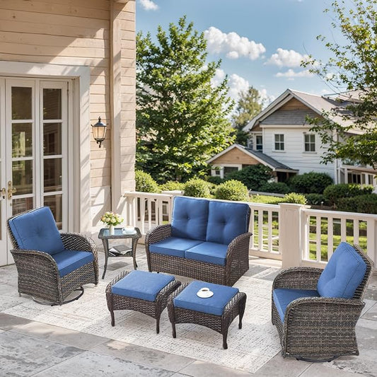 6 Pieces Patio Wicker Furniture Set-Outdoor Swivel Chairs Set of 2 Outdoor Glider Love seat with Outdoor Footstool Patio Furniture for Deck Porch Garden Balcony Poolside-Brown/Blue
