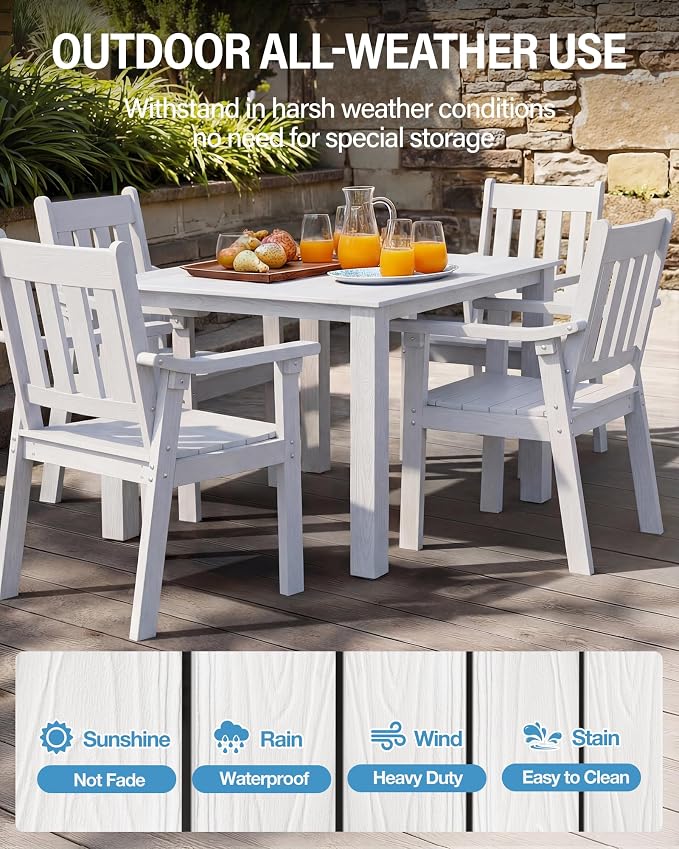 YEFU HIPS Patio Table Set: 5 Piece Outdoor Square Table and Chairs with Metal Aluminum Frame - White Modern Plastic Patio Dining Furniture Set 4 Person for Outside Deck