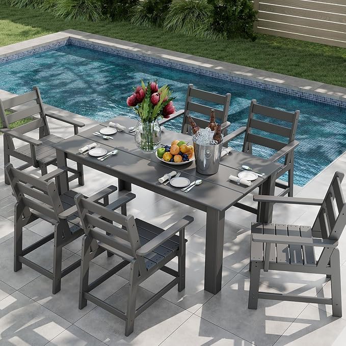 GREENVINES 7 Piece HDPE Outdoor Patio Dining Set, Removable Armrests, Gray
