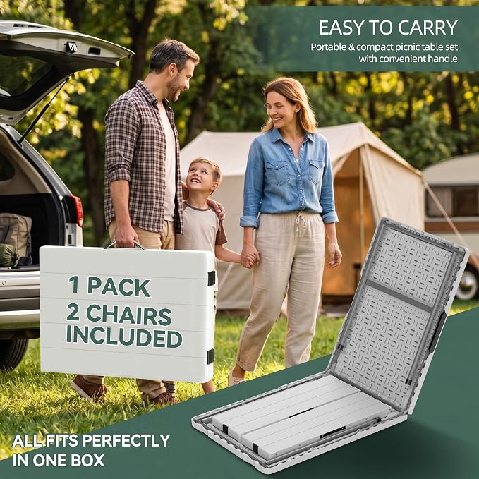 6FT All-in-One Folding Table and Chair Set, Seats 6-8, Chairs Store Inside to Form Carrying Case, Heavy Duty HDPE & Steel, Portable Space-Saving for Outdoor, Party, Camping, Picnic, White