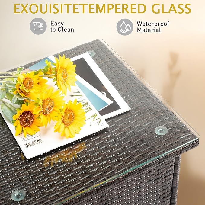 Outdoor Wicker Patio Side Tables for Outside, Tempered Glass Top Wicker Table with Storage End Table for Balcony Porch Deck