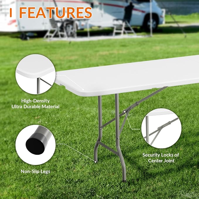 Elevon Folding Table Set with 8 White Folding Chairs,8 Feet Heavy Duty Fold-in-Half Utility Table Sets for Picnic, Event, Training, Outdoor Activities, at Home and Commercial Use