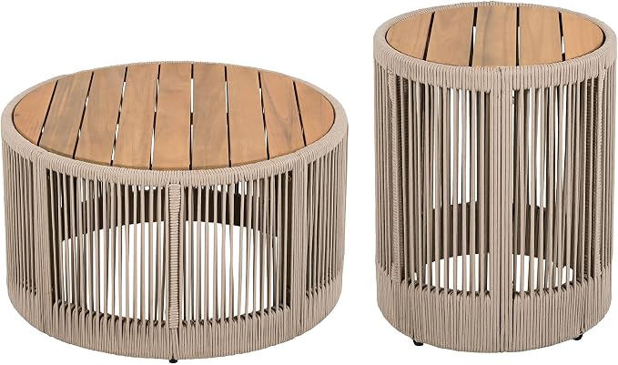 LUMISOL Outdoor Coffee Table & Side Table, Set of 2, Outdoor Woven Rope Table Set for Garden, Teak+ Beige