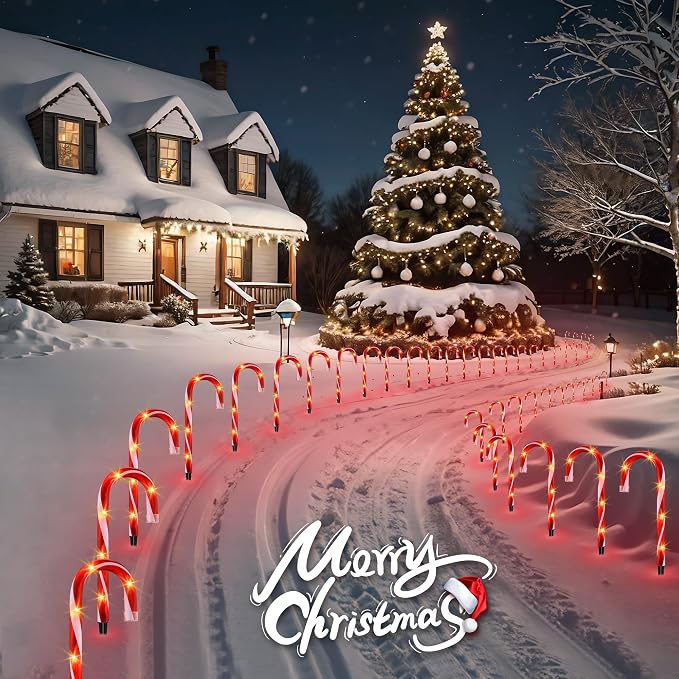 10 Pack Candy Cane Pathway Lights, Light Up Outdoor Christmas Decoration | 10 In Tall, Waterproof, UL Listed, 11ft Total Length, for Driveway, Walkway, Garden, Yard, Indoor & Outdoor Christmas Decor