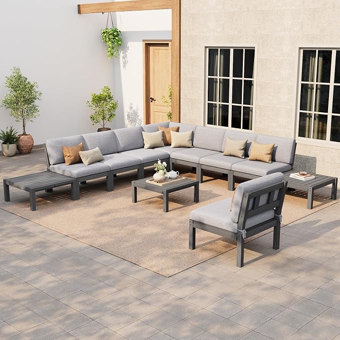 Stoog 11-Piece Patio Furniture Set, All-Weather Outdoor Sectional Sofa Set - Modular & Waterproof HIPS Frame, Quick-Dry Olefin Cushions, Grey