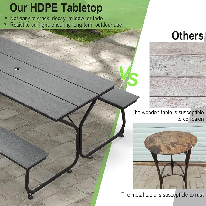 Tangkula 6 Ft HDPE Picnic Table, Plastic Picnic Table with 2 Benches, Umbrella Hole, Heavy-Duty Metal Frame, 8 Adjustable Foot Pads, 6-8 Person Outside Table Bench Set, 2550 lbs Capacity
